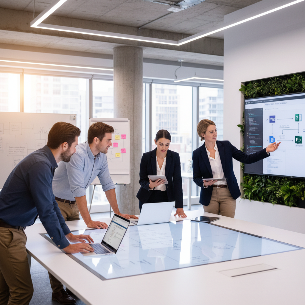 A team of IT professionals in a modern office environment, collaborating on a Microsoft 365 project using laptops and tablets. The atmosphere is collaborative and focused, showcasing the benefits of expert IT support.