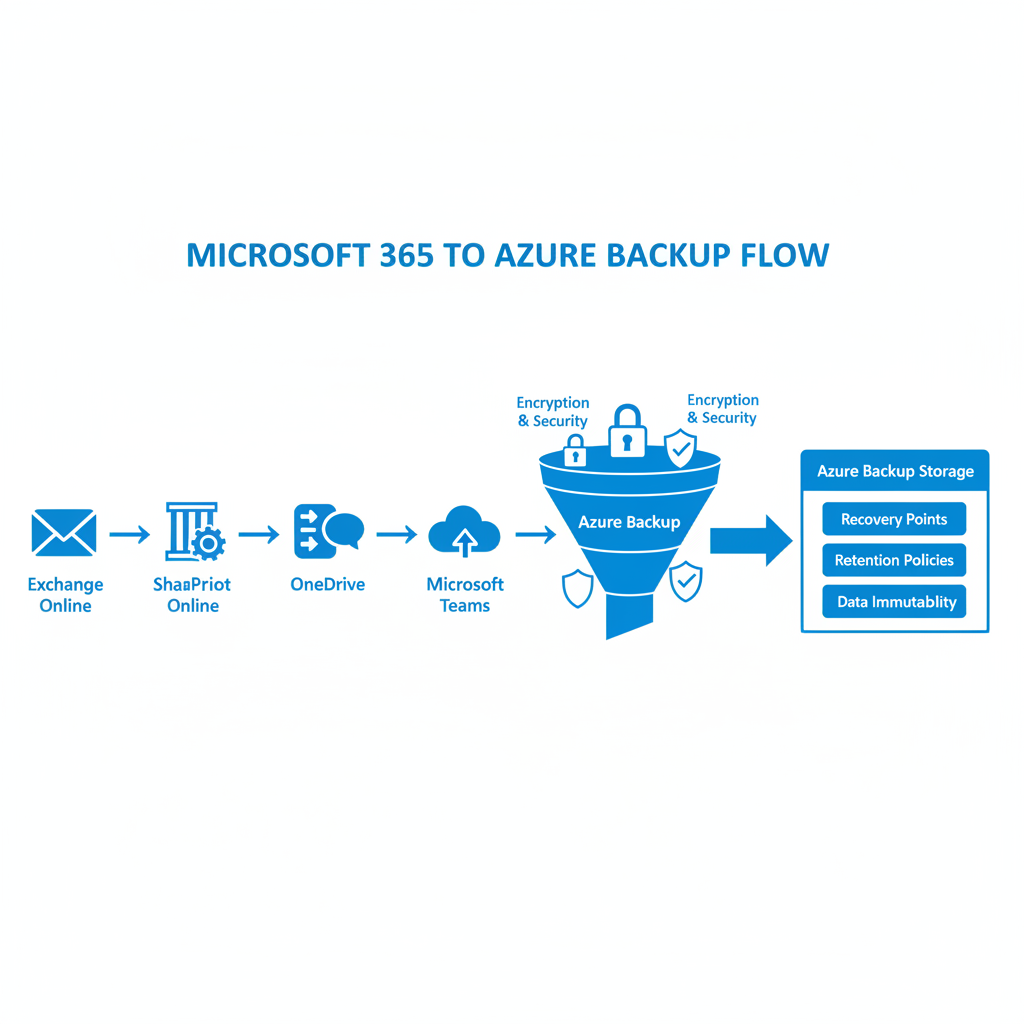 A diagram illustrating the Azure Backup process, showing data flowing from Microsoft 365 services (Exchange Online, SharePoint Online, OneDrive, Teams) to Azure Backup storage. Icons representing encryption and security measures are also included.