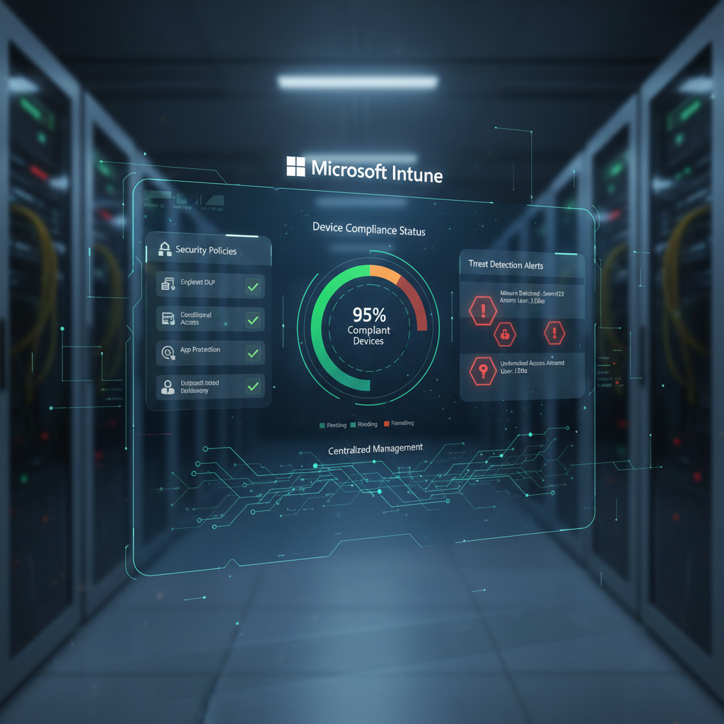 A screenshot of the Microsoft Intune dashboard, showing device compliance status, security policies, and threat detection alerts. The interface highlights the centralised management capabilities of Intune.