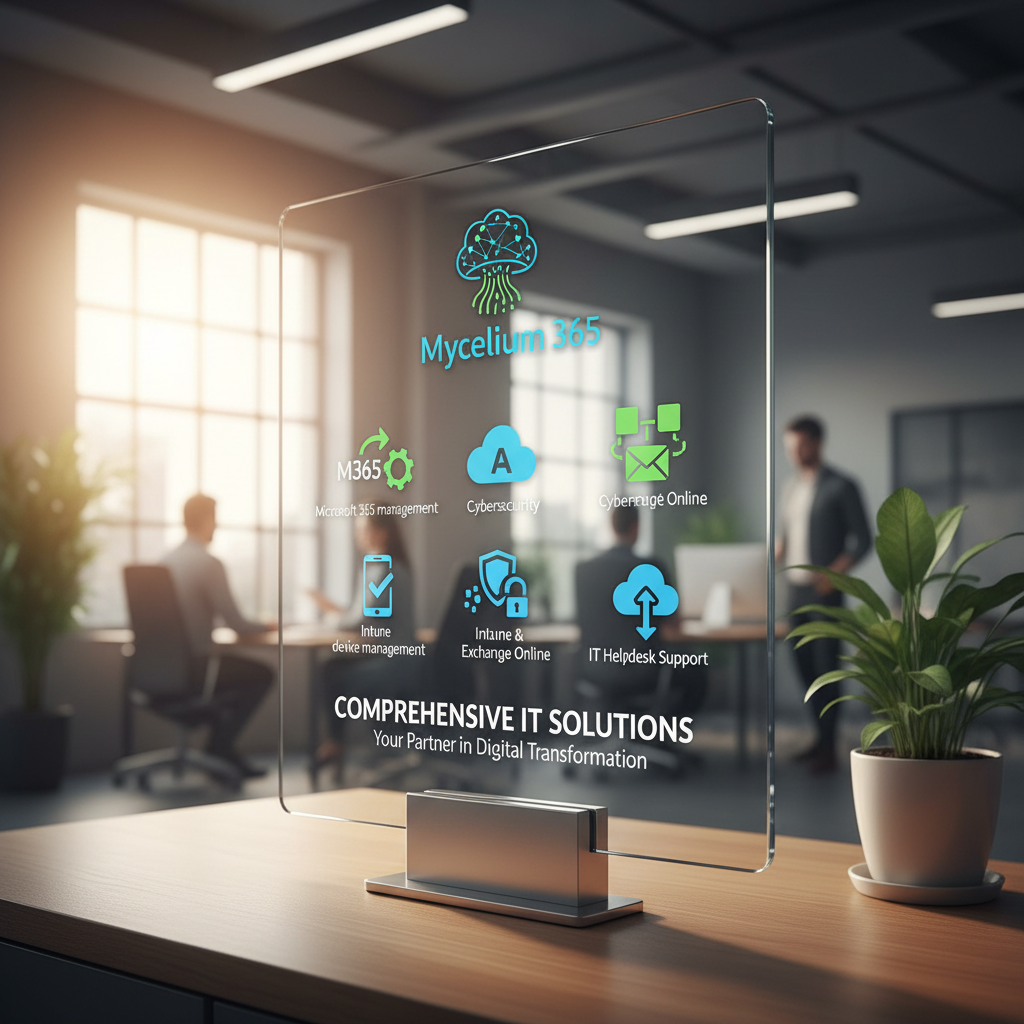 A graphic showcasing the Mycelium 365 logo alongside icons representing the key services offered: Microsoft 365 management, Azure cloud services, cybersecurity, Intune device management, SharePoint and Exchange Online, IT helpdesk support, and cloud migrations. The graphic emphasizes the comprehensive nature of the company's offerings.