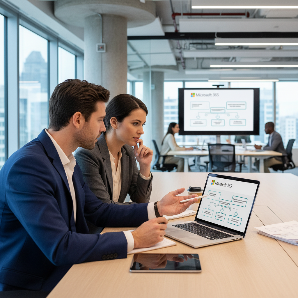 A consultant working with a client on a laptop, discussing Microsoft 365 implementation strategies. The office environment is modern and collaborative.
