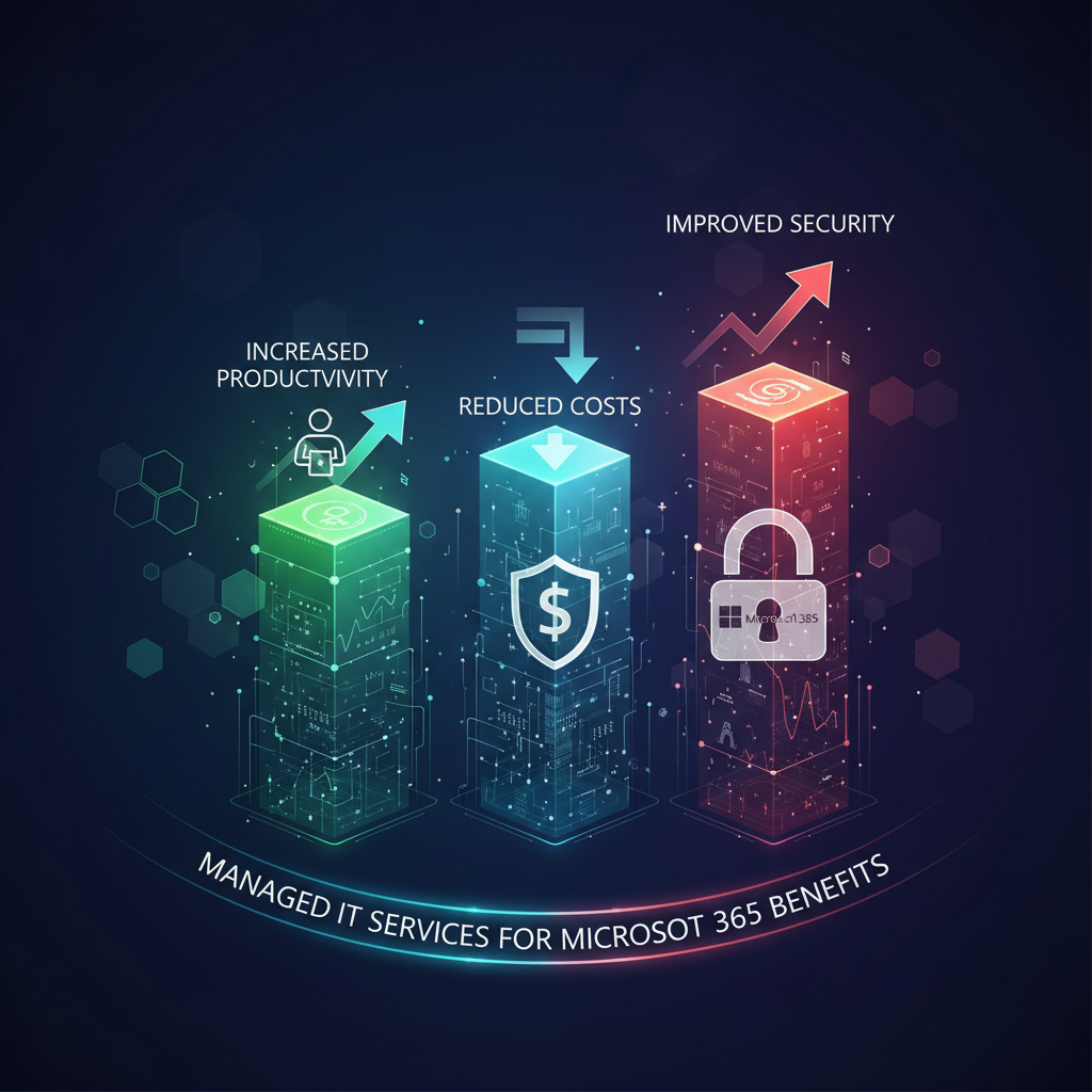 A graph illustrating the benefits of using managed IT services for Microsoft 365, showing increased productivity, reduced costs, and improved security.