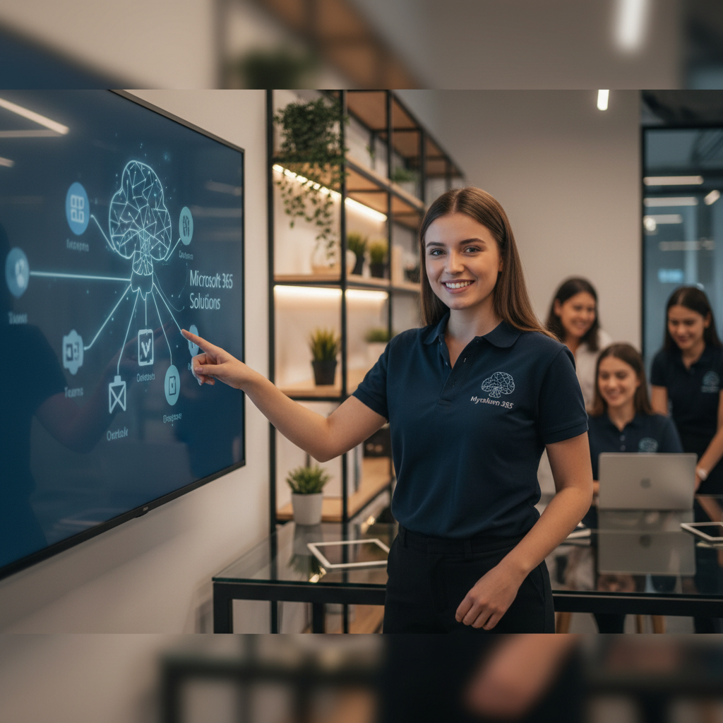A Mycelium 365 team member smiling and pointing at a screen, ready to assist with Microsoft 365 solutions. The background is a modern office space.