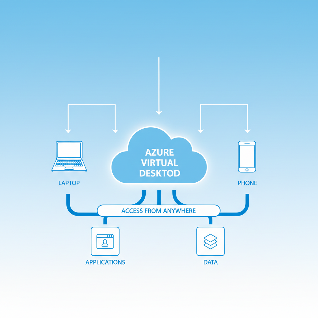 A diagram illustrating how Azure Virtual Desktop allows access to applications and data from various devices (laptop, tablet, phone) connected to the cloud.