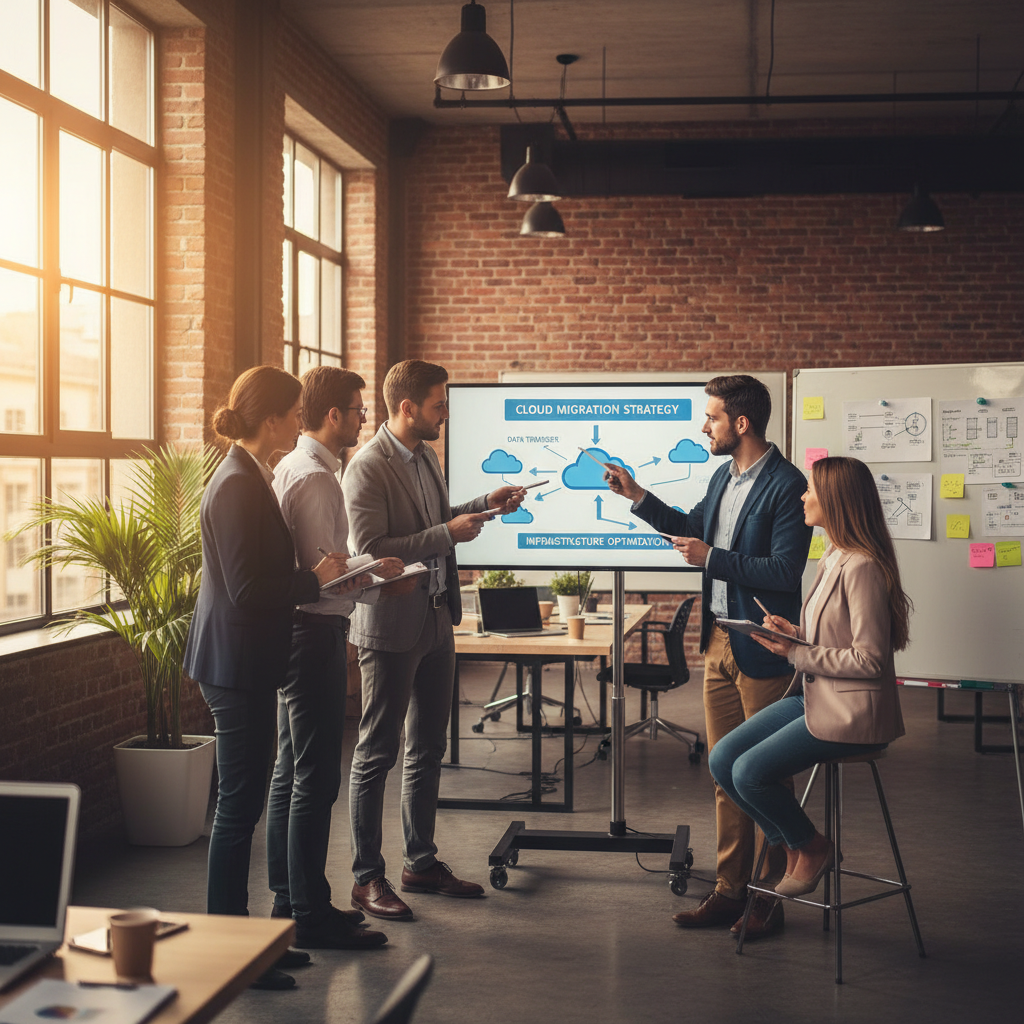 A team of IT professionals working collaboratively in a modern office environment, discussing a cloud migration strategy.