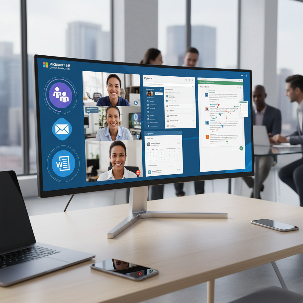 Microsoft 365 interface showcasing Teams, Outlook, and Word icons, highlighting collaboration and productivity features.