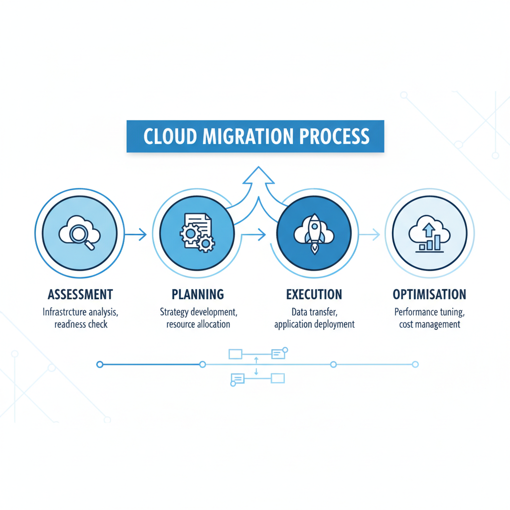 Diagram illustrating the steps of a cloud migration process: assessment, planning, execution, and optimisation.