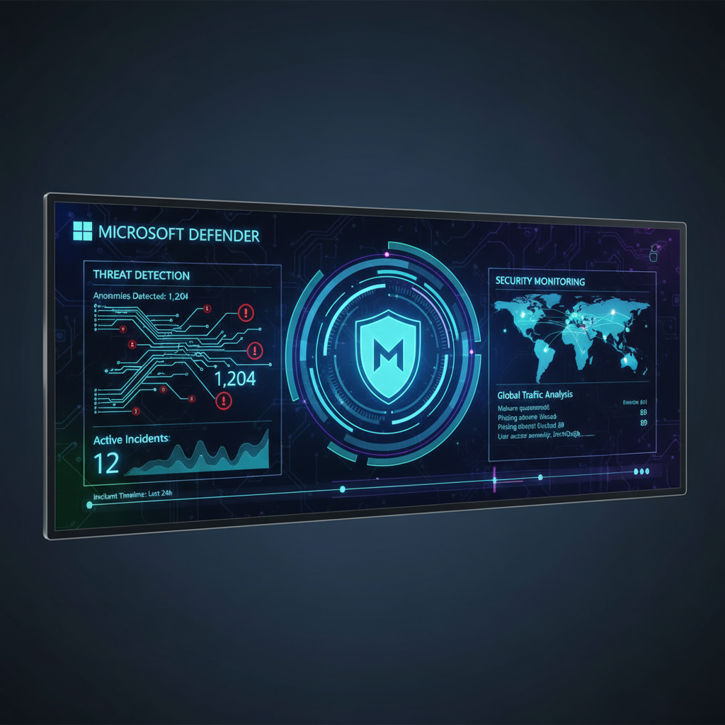 Screenshot of the Microsoft Defender dashboard, highlighting threat detection and security monitoring features.