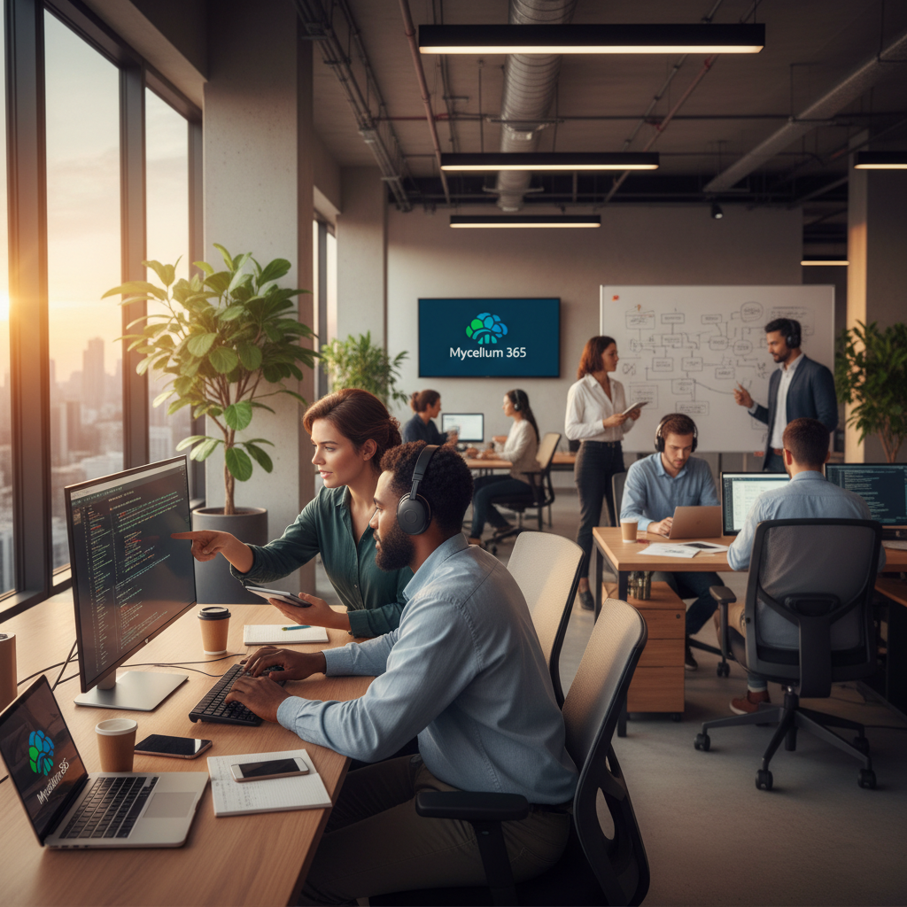 Photo of the Mycelium 365 team working in a modern office environment, showcasing their expertise and collaborative approach.