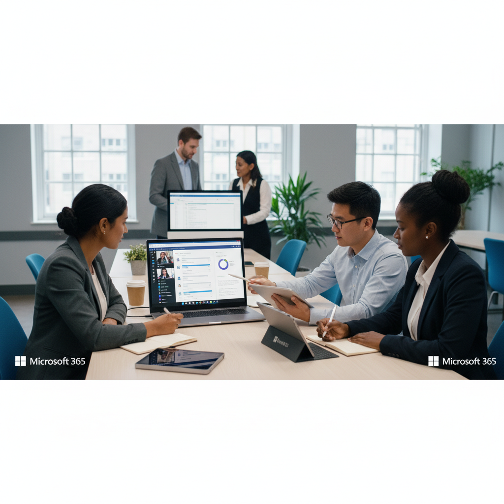 A diverse team of business professionals collaborating in a modern office, one person pointing at a laptop screen displaying Microsoft Teams, another reviewing a document on a tablet, and a third taking notes. The overall scene conveys productivity and seamless teamwork.