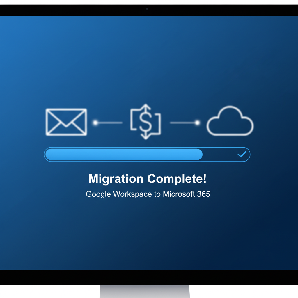 A zoomed-in image of a computer screen showing a data migration progress bar, with various Microsoft 365 application icons (Outlook, SharePoint, OneDrive) visible in the background, signifying a successful transition from Google Workspace.