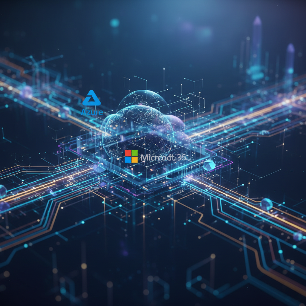 A futuristic, abstract representation of cloud computing infrastructure with interconnected nodes, data flowing between them, and subtle Microsoft 365 and Azure logos integrated into the design, symbolising scalability and global reach.