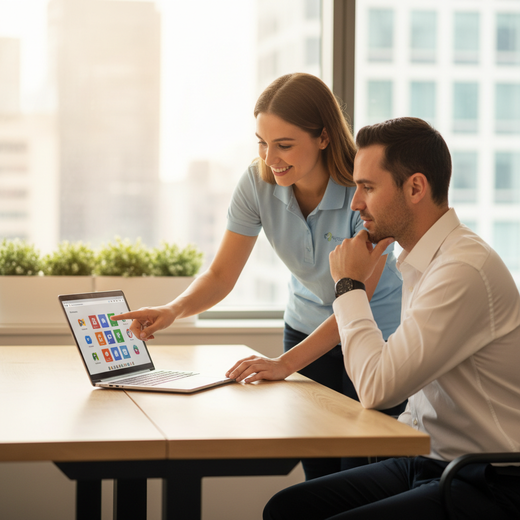 A Mycelium 365 IT support professional, looking friendly and approachable, assisting a business owner with a laptop, pointing at the screen and explaining a Microsoft 365 feature. The scene should convey expert guidance and reliable support.