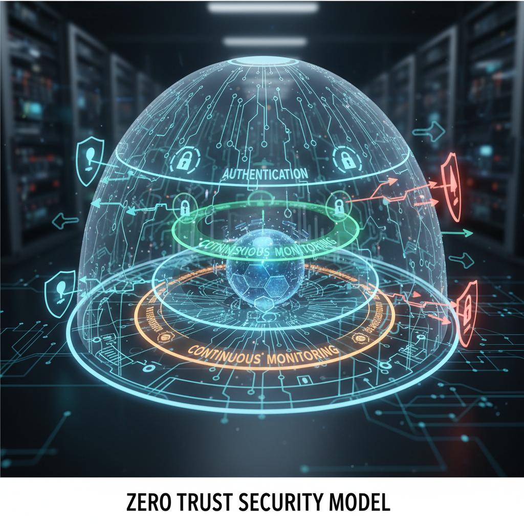 An illustration depicting the Zero Trust Security model with multiple layers of verification.