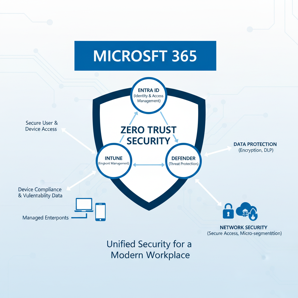 A diagram illustrating the different components of Microsoft 365 and how they contribute to a Zero Trust security architecture.