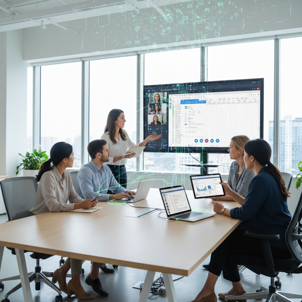 Modern office workers collaborating seamlessly using Microsoft 365 tools on various devices, with a subtle overlay representing cloud connectivity.