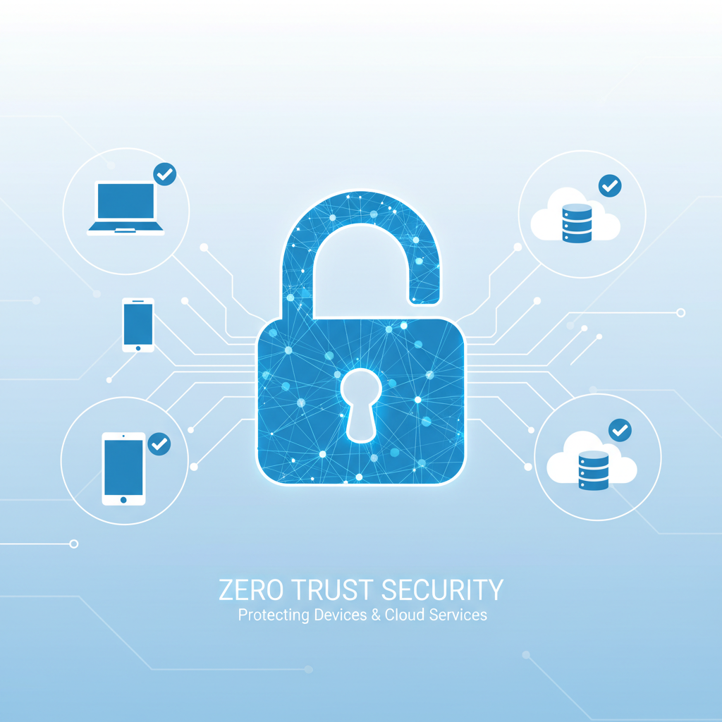 A digital lock icon with interconnected nodes representing a Zero Trust security model, protecting various devices and cloud services.