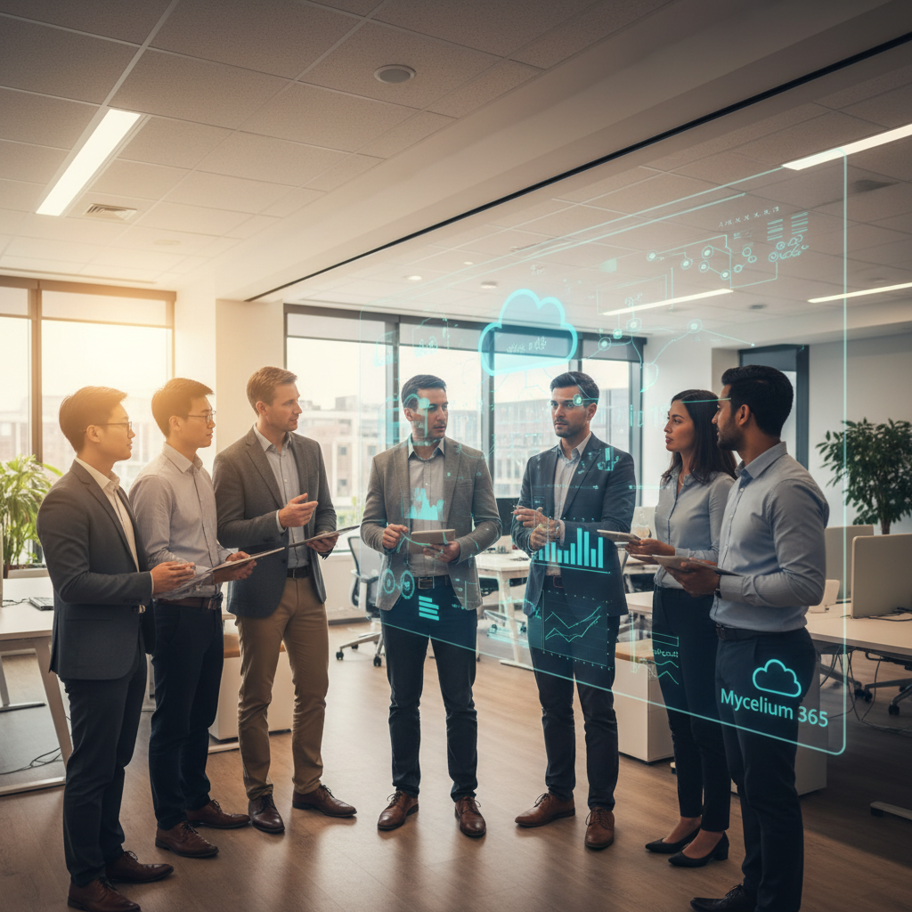 A diverse team of IT professionals from Mycelium 365 in a modern office, collaborating around a large screen displaying cloud architecture diagrams and data analytics.