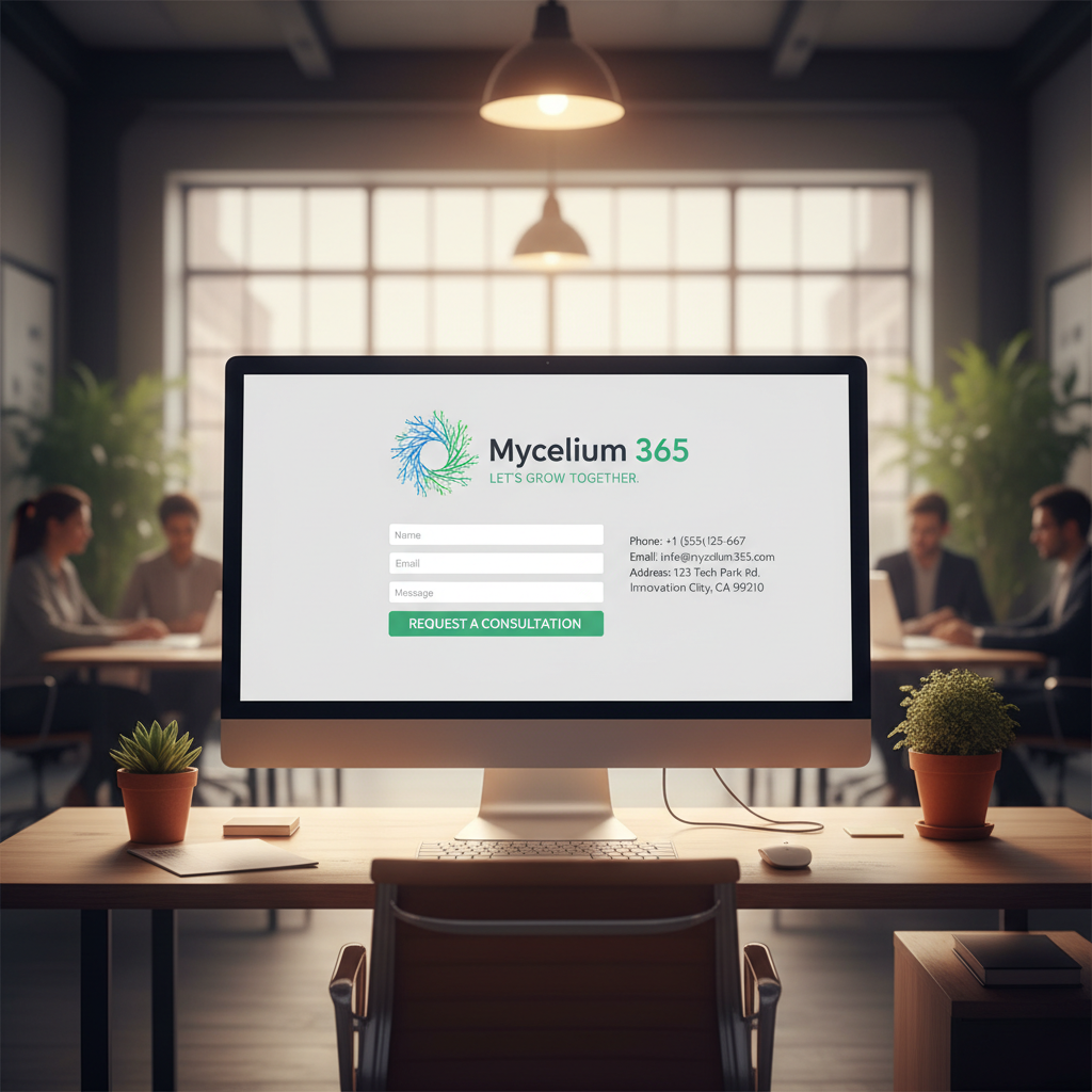 Contact form with Mycelium 365 logo and contact details