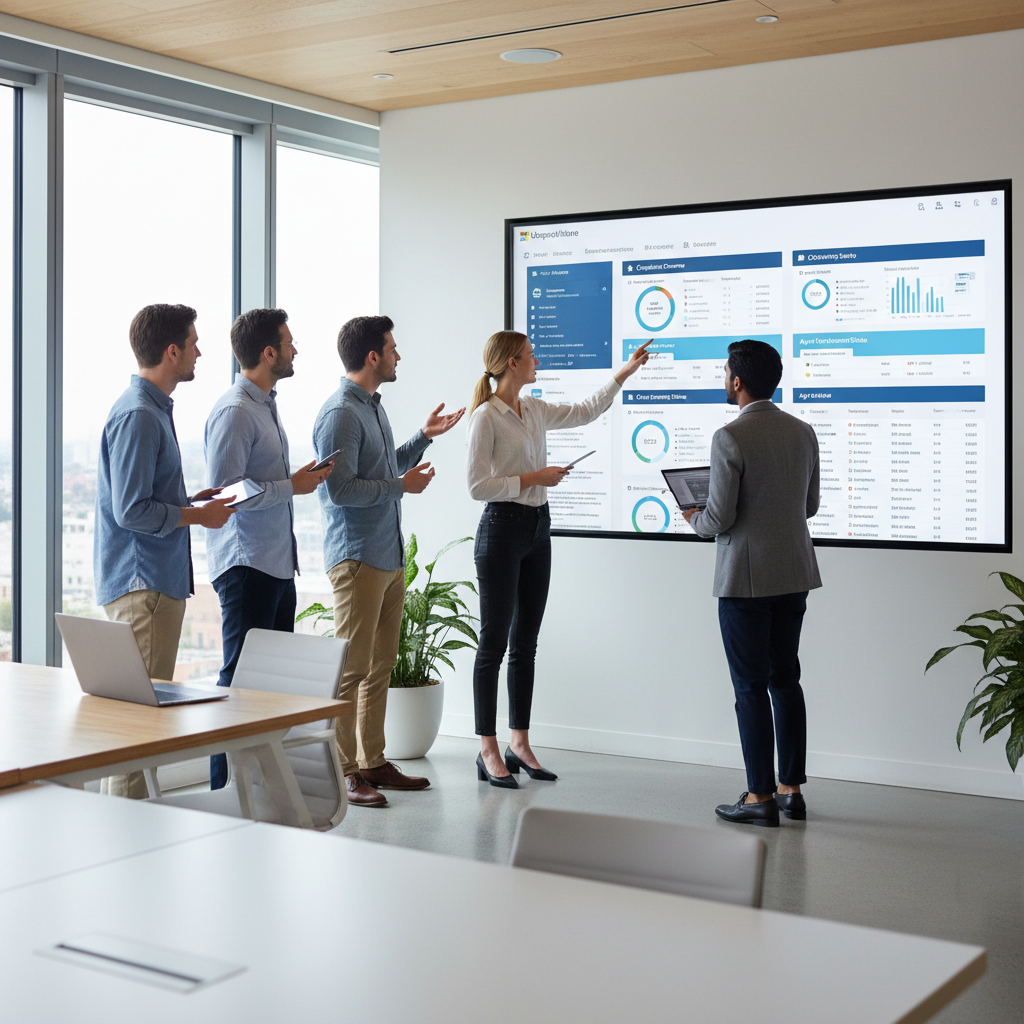 A team of IT professionals collaborating around a large interactive display showcasing Microsoft Intune device management dashboards. The atmosphere is modern and collaborative, with natural light and clean lines.