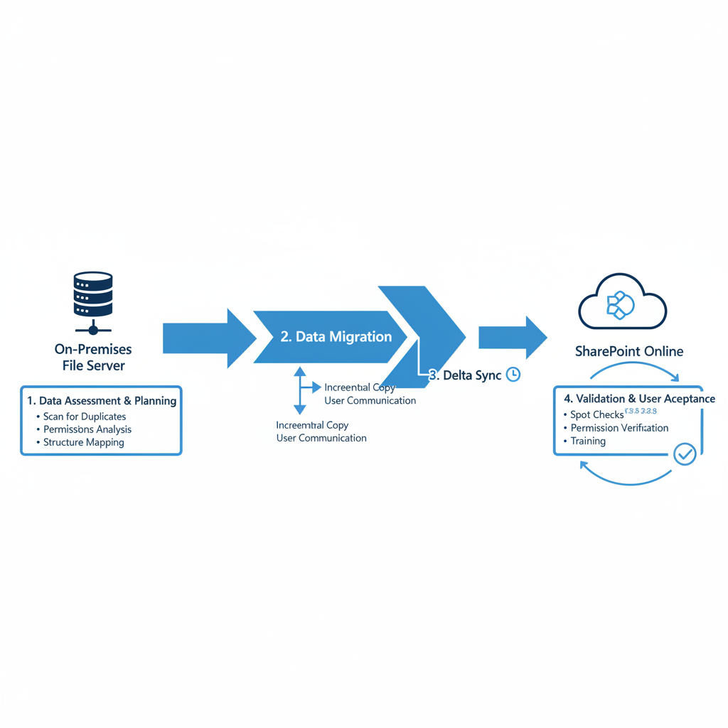 A diagram illustrating the process of migrating data from a traditional on-premises file server to a Microsoft SharePoint Online environment. Arrows indicate the flow of data, and labels highlight key steps such as data assessment, migration, and validation.