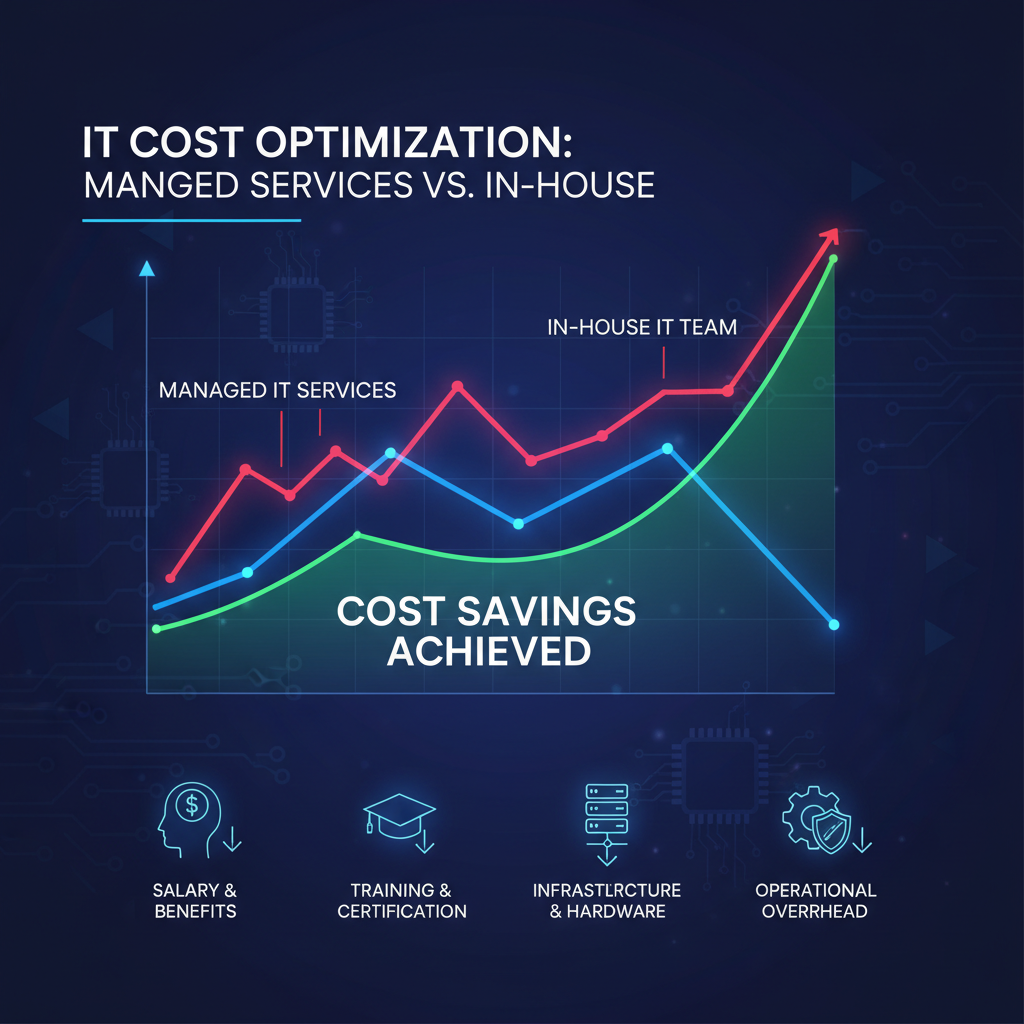 A graph showing cost savings achieved by outsourcing IT management to a Managed IT Services provider, compared to maintaining an in-house IT team. The graph highlights reductions in salary, benefits, training, and infrastructure costs.