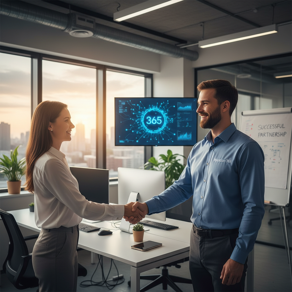A friendly Mycelium 365 IT consultant shaking hands with a client in a modern office environment, symbolising a successful partnership and reliable IT support.