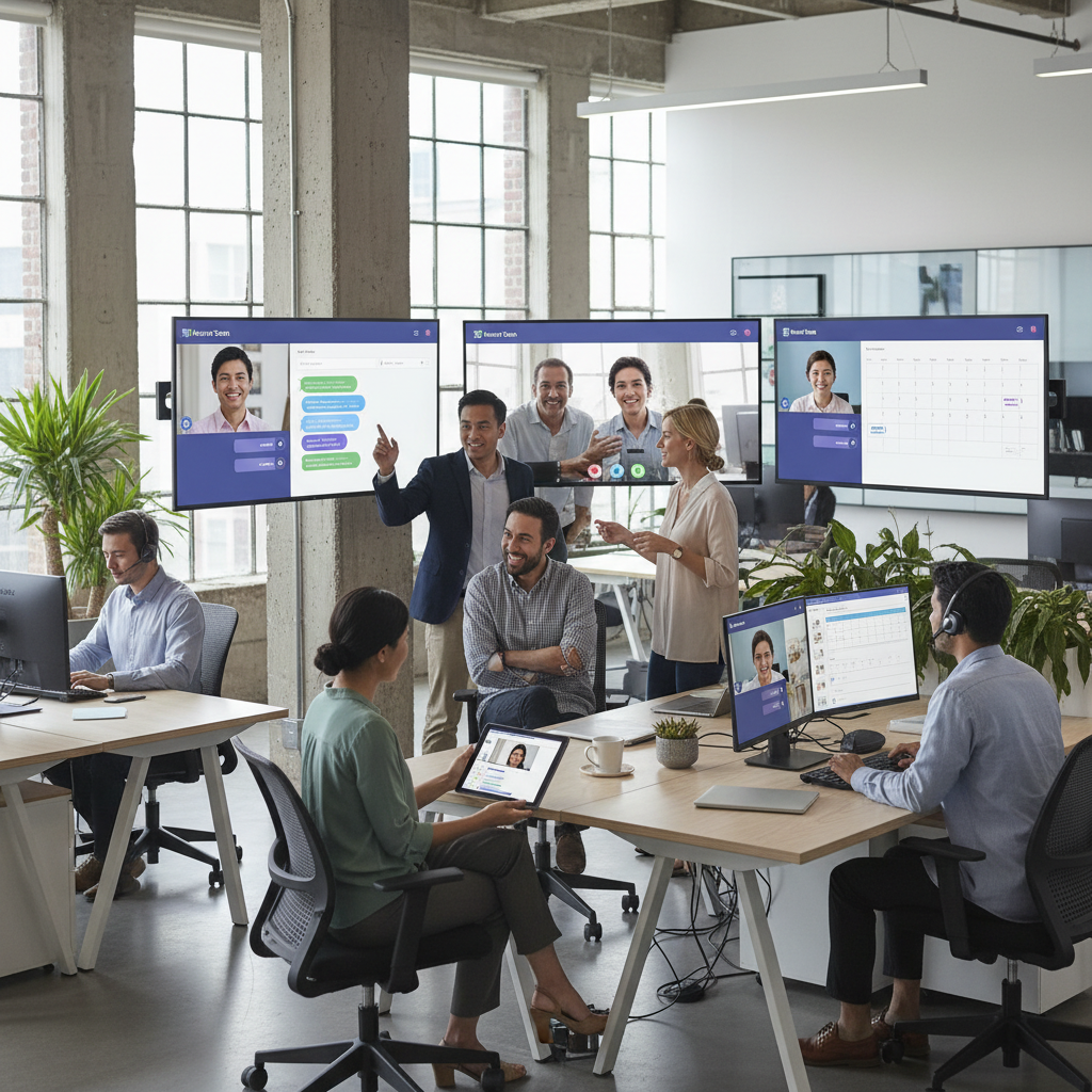A diverse team of professionals collaborating seamlessly in a modern office environment, with screens displaying Microsoft Teams interfaces for calls, chat, and video conferencing.