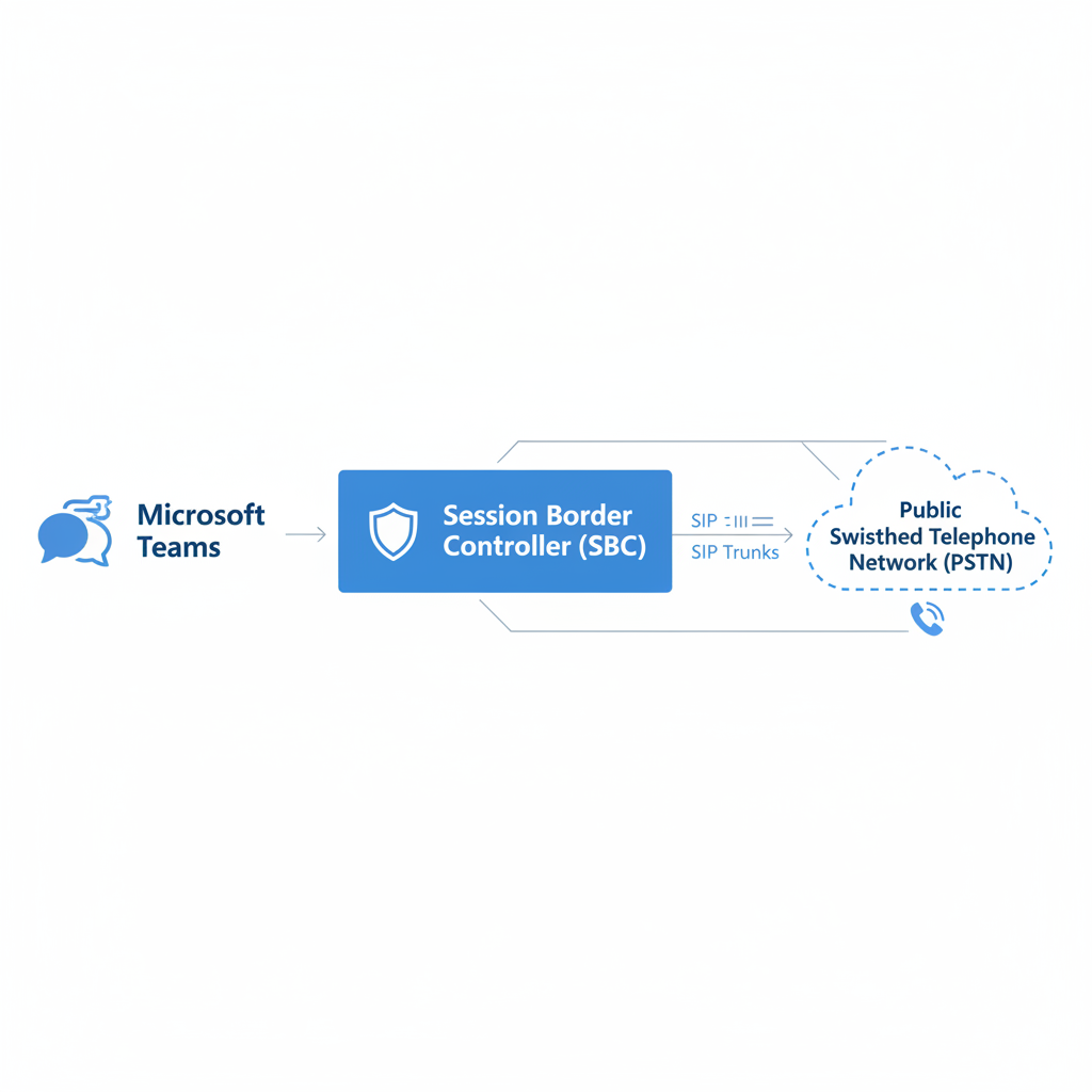 A conceptual diagram illustrating the architecture of Microsoft Teams Direct Routing, showing Teams connected to a Session Border Controller (SBC), which then connects to the Public Switched Telephone Network (PSTN) via SIP trunks.