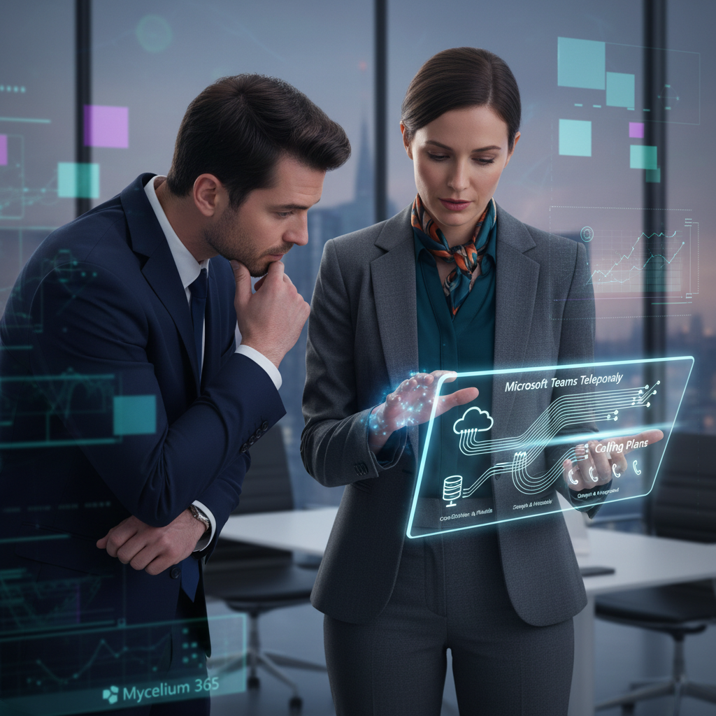 A Mycelium 365 IT consultant explaining Microsoft Teams telephony options to a business owner, pointing to a diagram on a tablet in a professional office setting.
