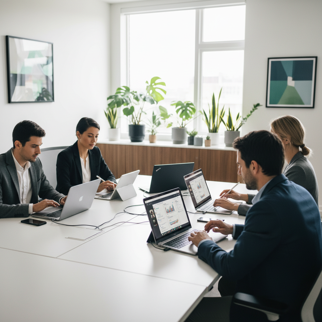 Employees collaborating on a project using Microsoft Teams on multiple devices - laptops, tablets, and smartphones. The background shows a modern office environment with natural light and plants.