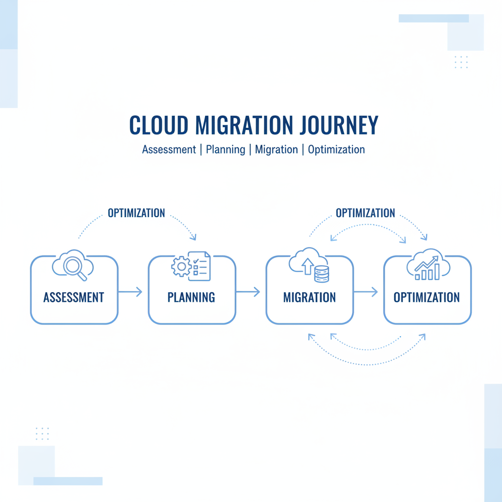 Diagram illustrating the different stages of a cloud migration process, including assessment, planning, migration, and optimisation. Arrows indicate the flow of data and processes between each stage.