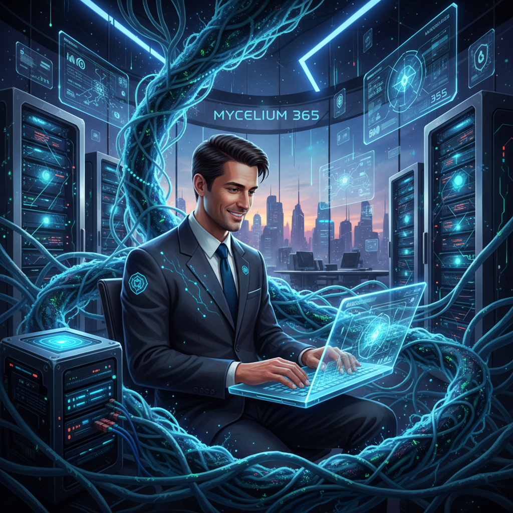 A Mycelium 365 IT specialist working on a laptop, surrounded by network cables and server equipment. The specialist is smiling and appears confident and professional. The background is a modern office environment.