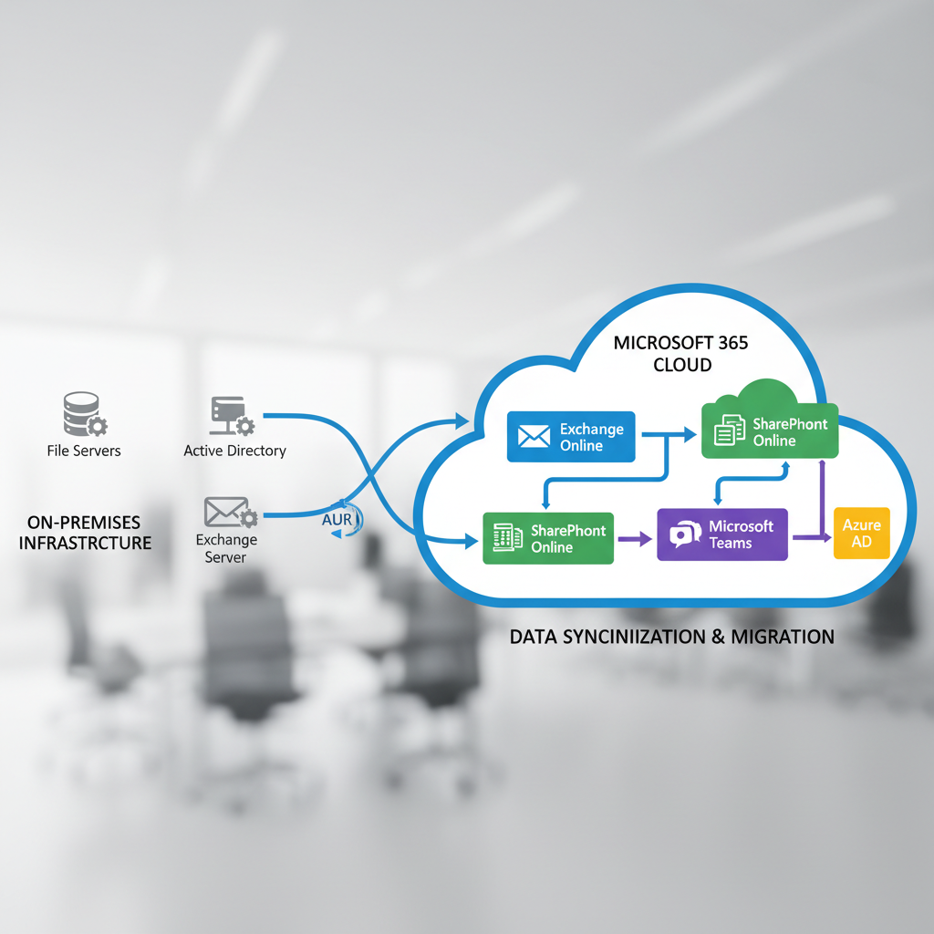 A diagram illustrating the flow of data from on-premises servers to the Microsoft 365 cloud, highlighting the various Microsoft 365 services like Exchange Online, SharePoint Online, and Teams.