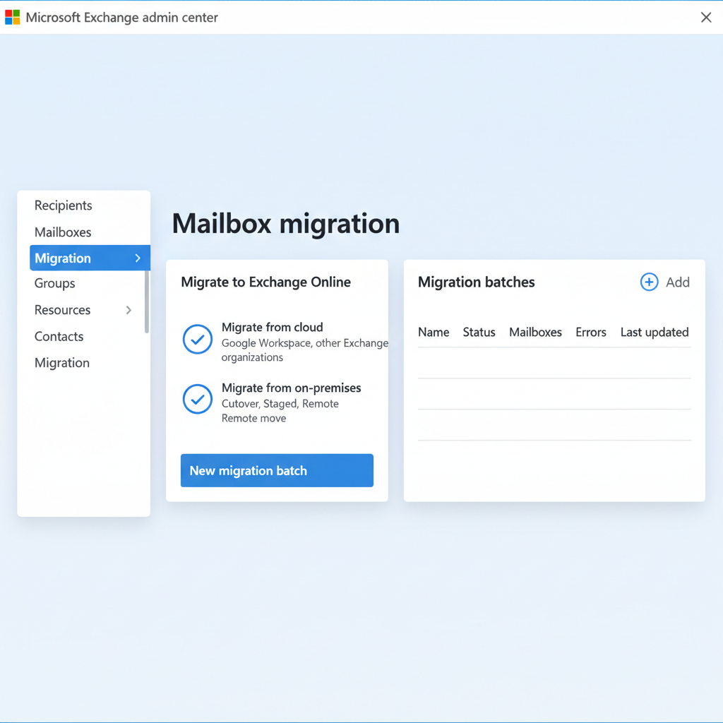 A screenshot of the Microsoft Exchange Admin Center, highlighting the options for migrating mailboxes to Exchange Online, demonstrating the user interface involved in the process.
