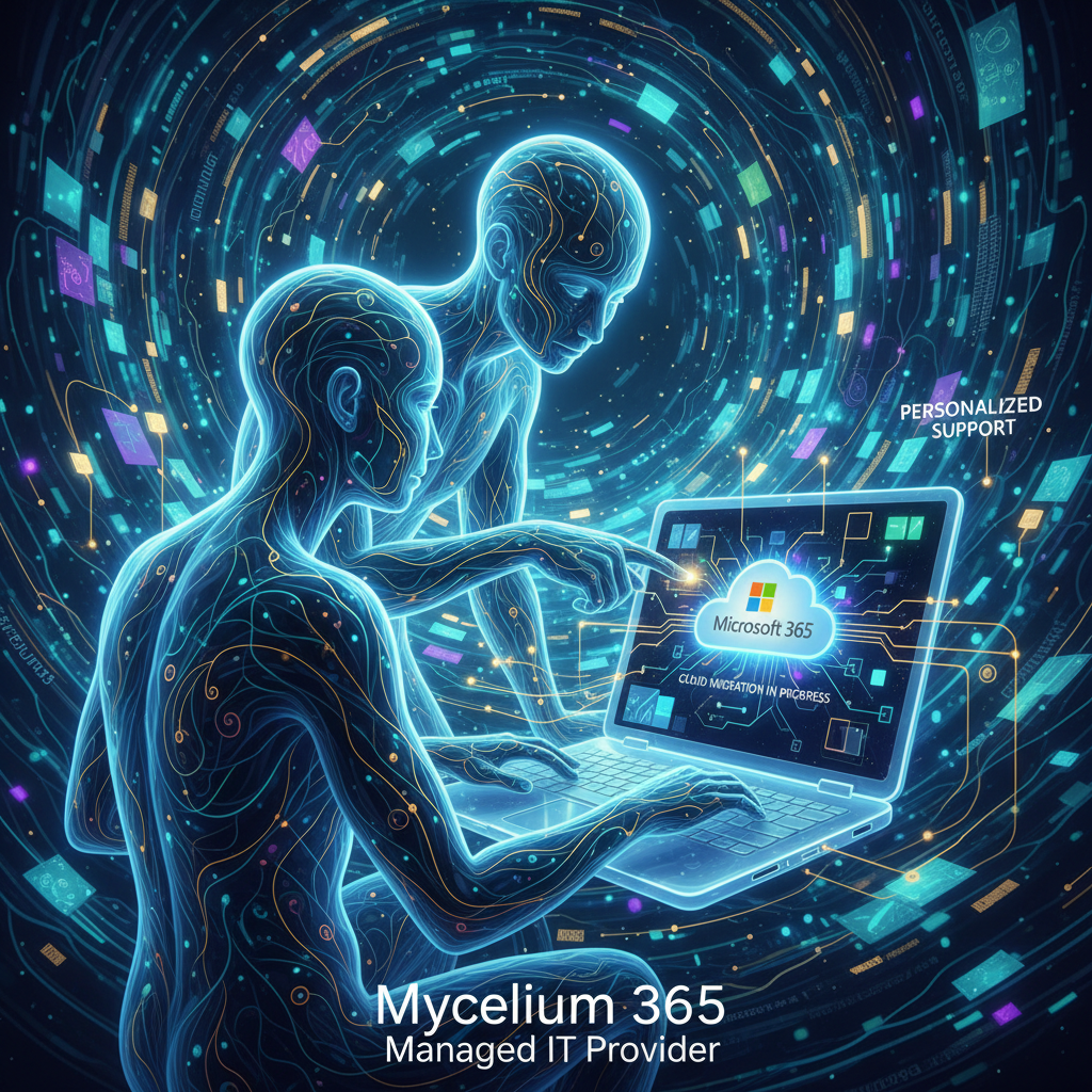 A Mycelium 365 IT expert helping a client with their Microsoft 365 cloud migration on a laptop, showcasing the personalized support provided by a managed IT provider.