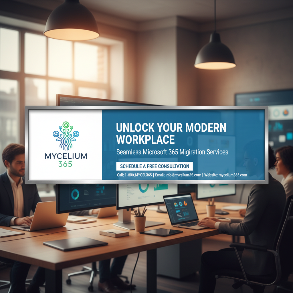 A call to action banner with the Mycelium 365 logo and contact information, encouraging readers to schedule a consultation for Microsoft 365 migration services.