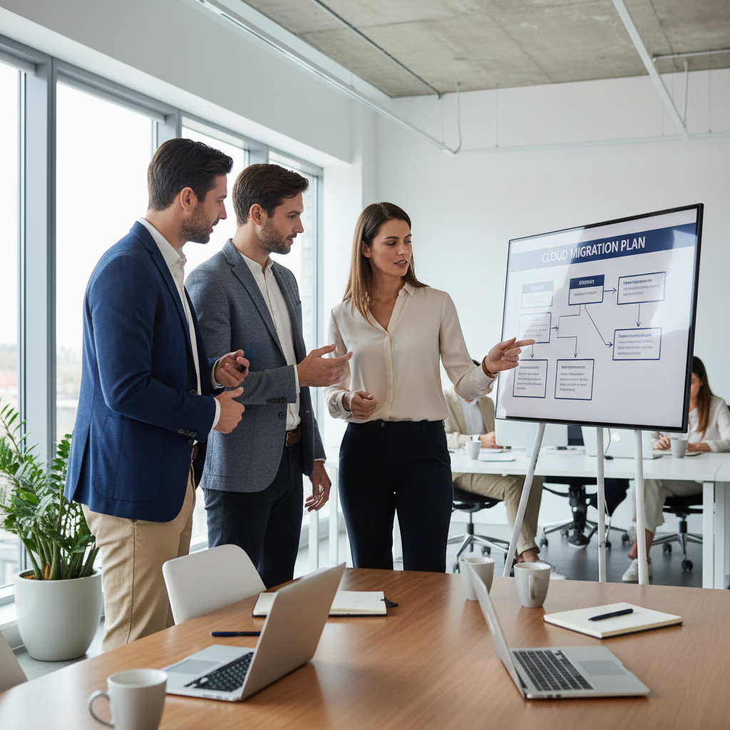 Office workers collaborating in a modern office environment, discussing a migration plan on a digital whiteboard. The whiteboard displays a flowchart outlining the migration process.