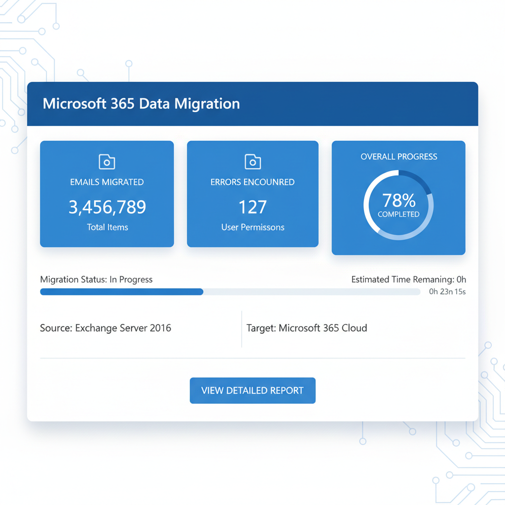 A screenshot of the Microsoft 365 migration tool interface, showcasing the progress of a data migration process. The tool displays metrics like the number of emails migrated, errors encountered, and the overall completion percentage.