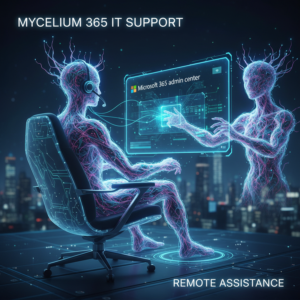 A Mycelium 365 IT support specialist assisting a client remotely, providing technical assistance and troubleshooting issues on a computer screen. The screen displays the Microsoft 365 admin center.