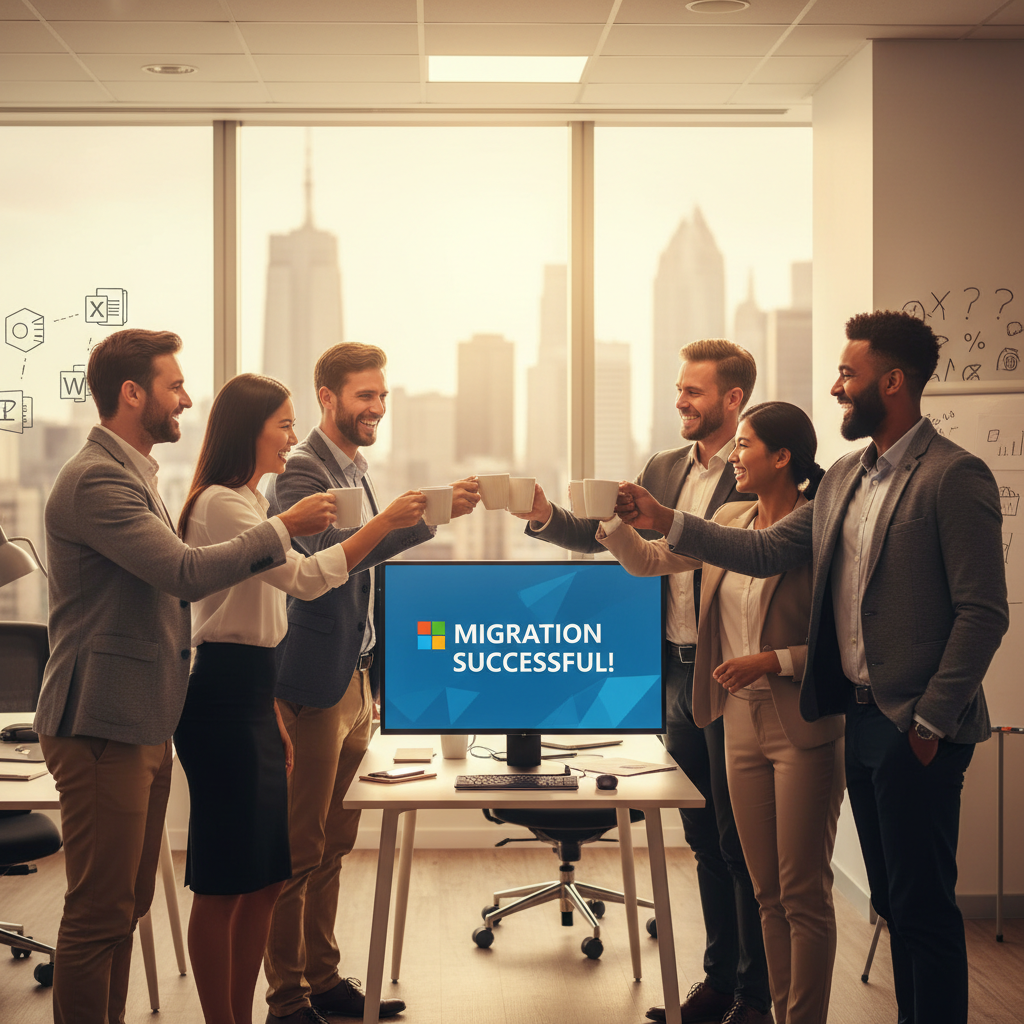 A group of diverse business professionals celebrating a successful Microsoft 365 migration, raising their coffee cups in a toast. The background shows a modern office space with Microsoft 365 branding.
