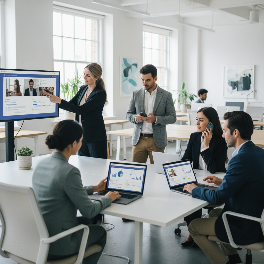 Team members collaborating on a project using Microsoft Teams on multiple devices, laptops, tablets, and smartphones. The setting is a bright, modern office space.