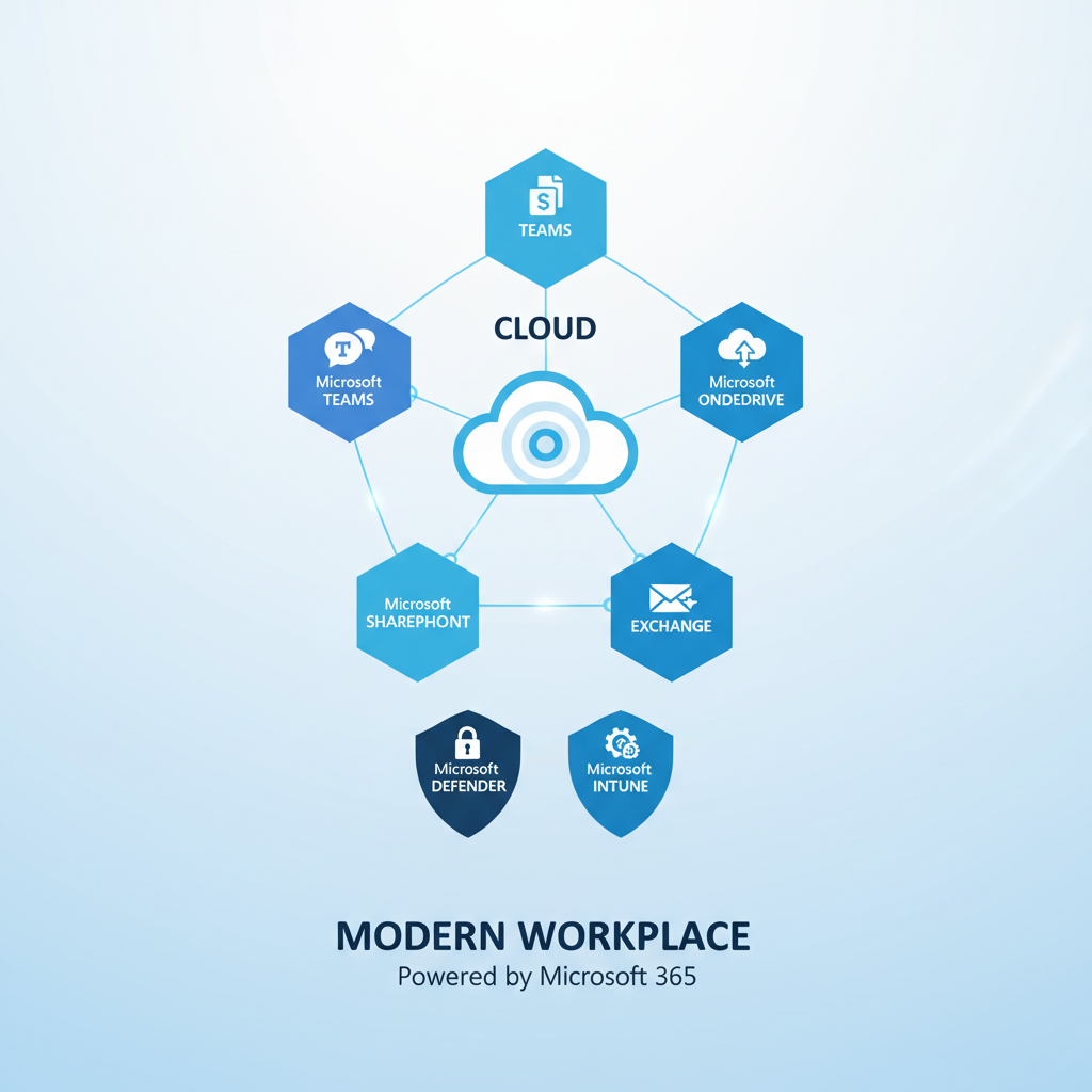 A diagram illustrating the various components of a modern workplace, including Microsoft 365 applications like Teams, SharePoint, OneDrive, and Exchange, all connected through the cloud and secured by Microsoft Defender and Intune.