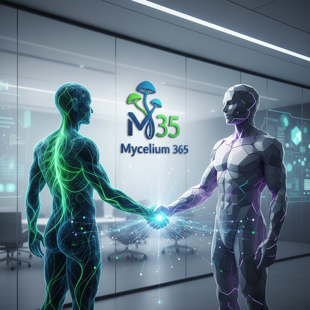 A Mycelium 365 consultant shaking hands with a client in a modern office setting, symbolising a partnership for Modern Workplace transformation. The Mycelium 365 logo is subtly displayed in the background.