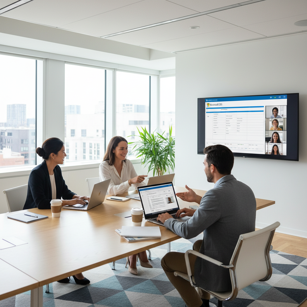 Office workers collaborating on laptops in a modern, bright office space, showcasing the benefits of remote work enabled by Microsoft 365.