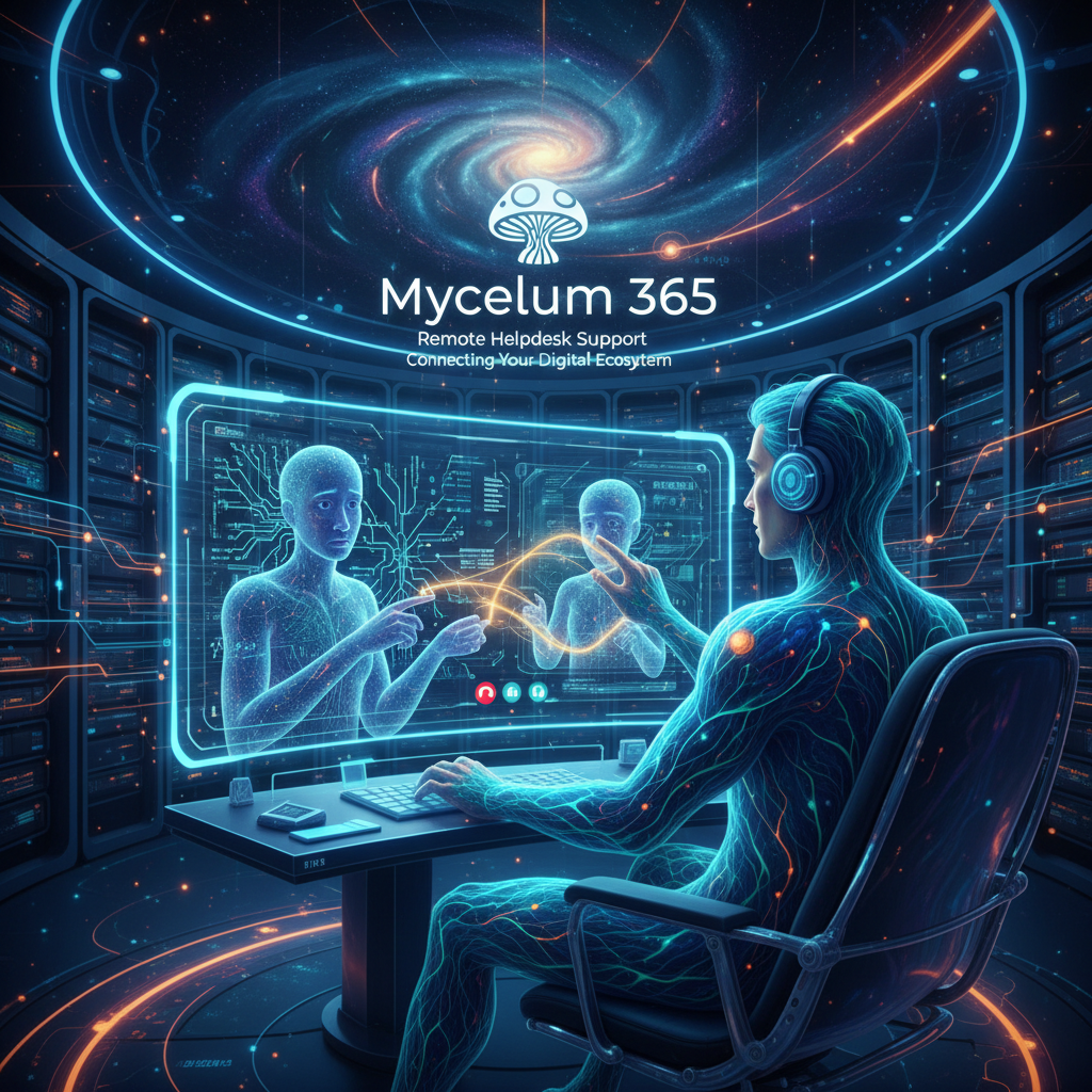 A Mycelium 365 support engineer assisting a client via a video call, demonstrating remote helpdesk support.