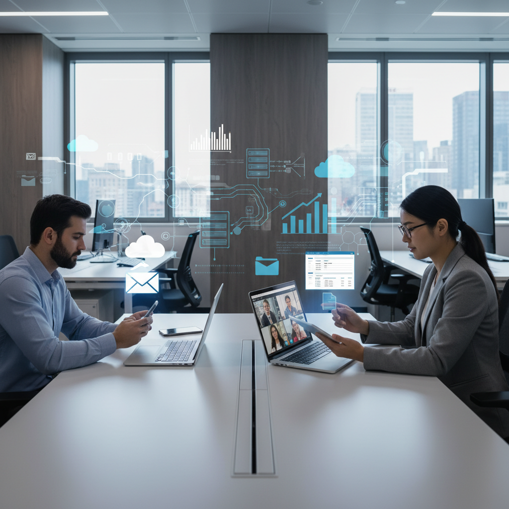Modern office workers collaborating seamlessly with various Microsoft 365 apps on multiple devices (laptop, tablet, phone). Digital overlay showing data flow and security shields.