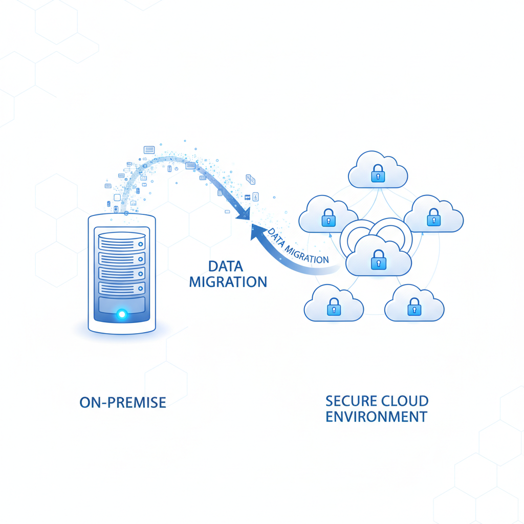 A visual representation of a cloud migration, with data flowing from on-premise servers (represented by a physical server rack) into a secure cloud environment (represented by stylised cloud icons and a lock).