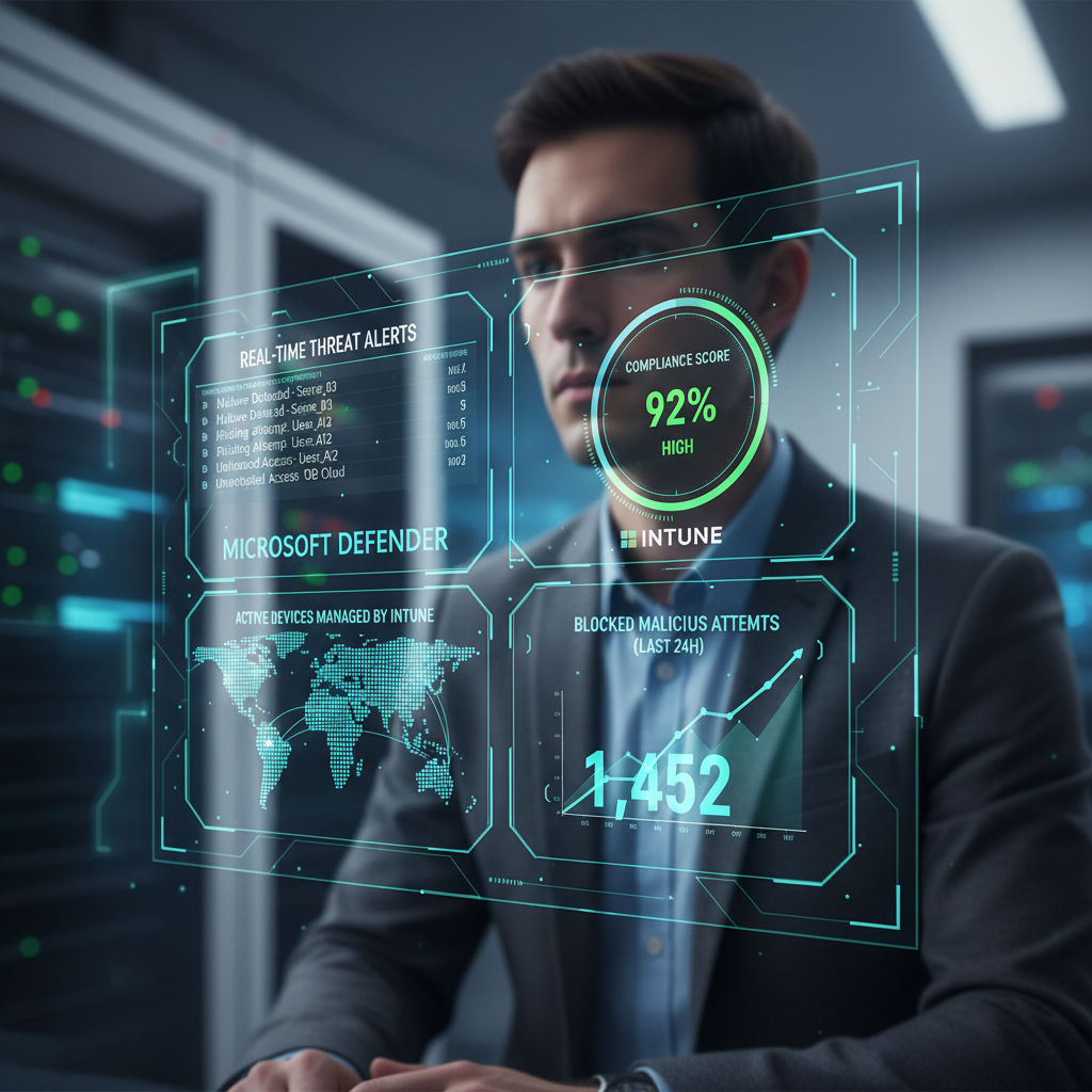 A cybersecurity dashboard displaying threat detection, compliance scores, and device management, with Microsoft Defender and Intune logos subtly integrated. A professional IT administrator is looking at the screen.