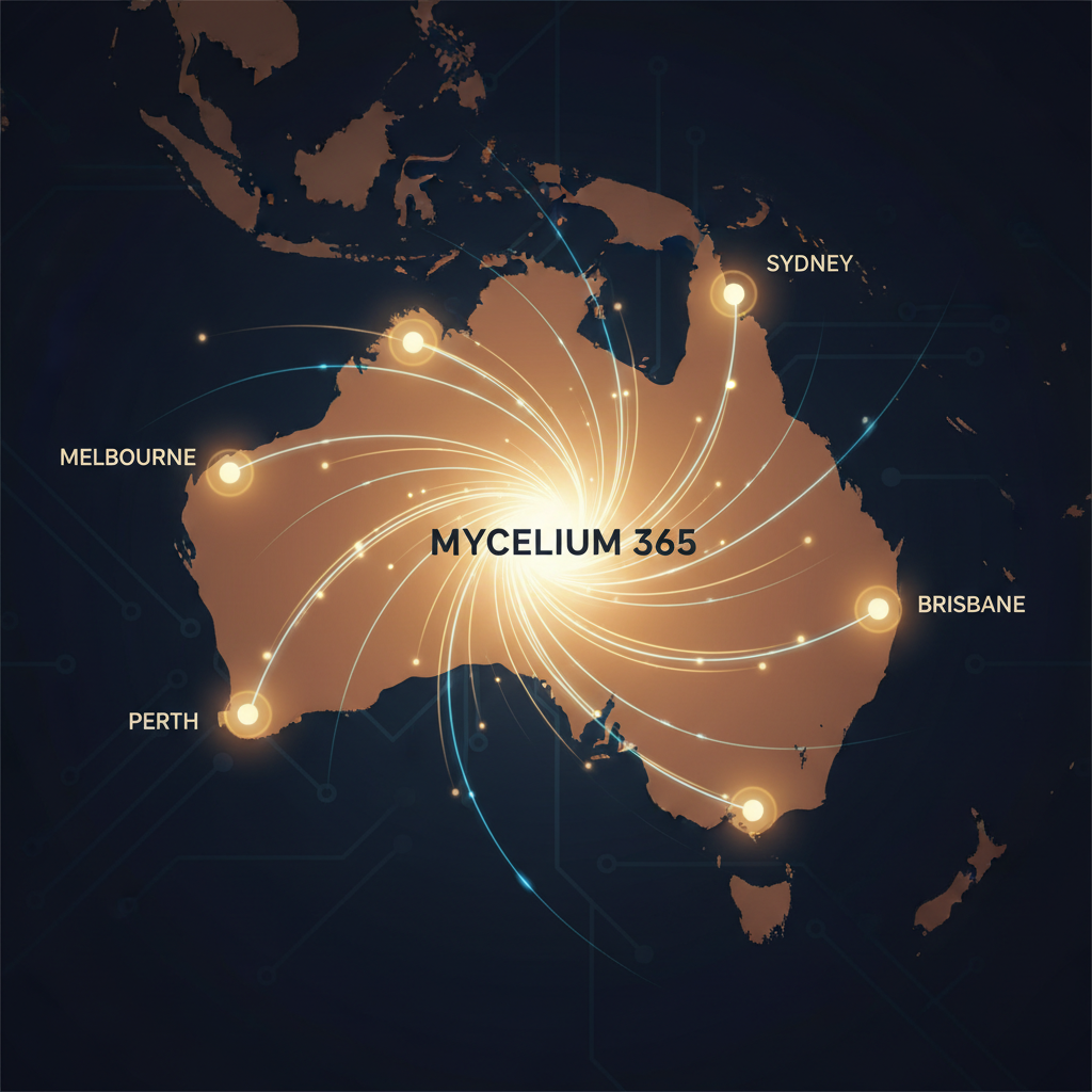 A map of Australia highlighting Melbourne, Sydney, Perth, Brisbane, with connection lines to a central Mycelium 365 support hub, symbolising nationwide managed IT services.